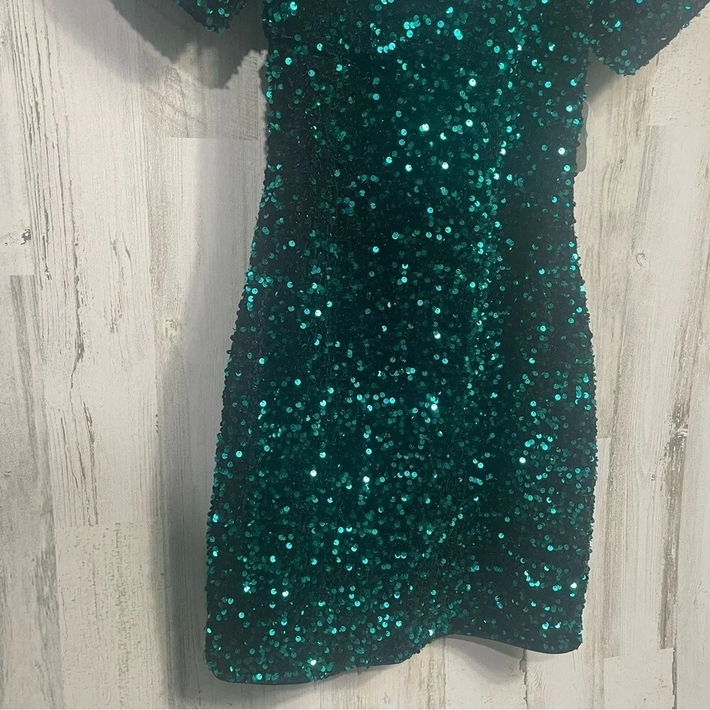 Altard State Candice Sequin Puff Sleeve Dress Green Hunter Black sz‎ M NWT Party